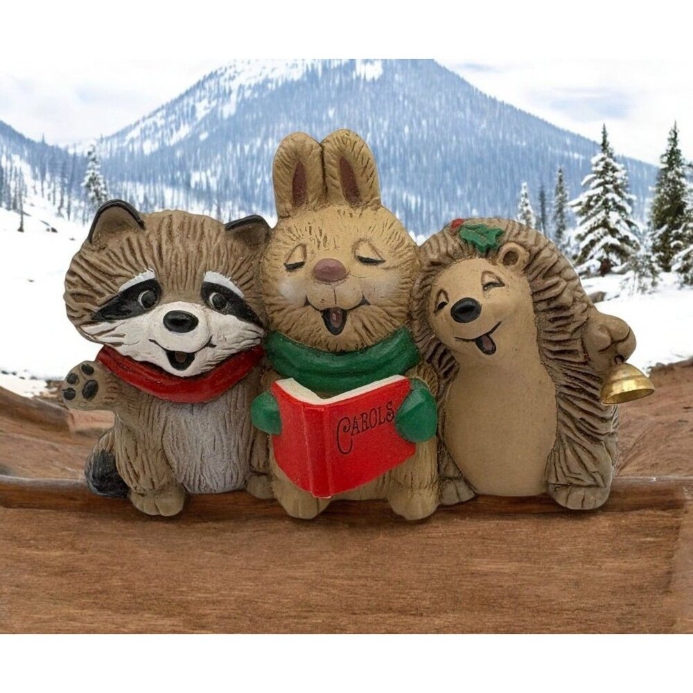 Hallmark Merry Miniatures Animal Chrsitmas Carolers Vtg Raccoon Rabbit Hedgehog